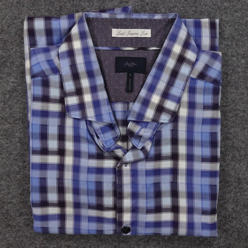 Good Man Brand Button Down Shirt Men's Large Plaid Short Sleeve Blue - Picture 2 of 10
